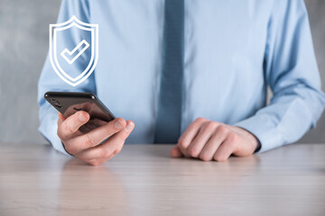 Cyber security network. Padlock icon and internet technology networking. Businessman protecting data personal information on tablet and virtual interface. Data protection privacy concept. GDPR. EU