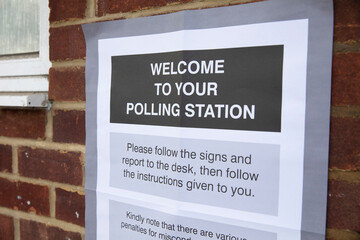 Polling station sign outside the entrance to a political voting location in UK