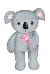 Cute cartoon little koala, wild animal. Watercolor hand drawn art, sketch, illustration. Isolated.