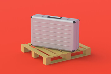 Metal suitcase near pallet. International transportation of money, documents. Luggage delivery on tourist trips. Large financial transfers. Investing in cargo handling company. 3d render