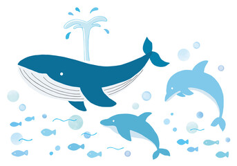 クジラとイルカの手描きイラストセット（カラー/輪郭線なし）