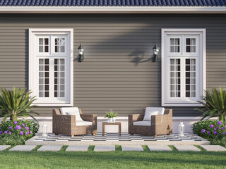 Outdoor terrace with empty gray plank wall background 3d render,decorated with wicker chairs In front is a green lawn. There is a walkway in the sandstone.