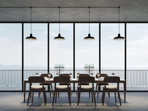 Minimal loft style dining room with sea view background 3d render,there are polished concrete floor and ceiling decorate with dark wooden furniture overlooking terrace behide.