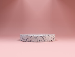 3D podium display . Abstract Minimal product promotion terazzo pedestal. Empty space for branding.Soft pink background. Trendy modern 3D render illustration showcase.