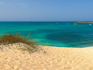 Sunny day on a beach in Cape Verde. Atlantic Ocean view from a sand dune. Tropical climate on Boa Vista Island. Selective focus on the horizon, blurred background.