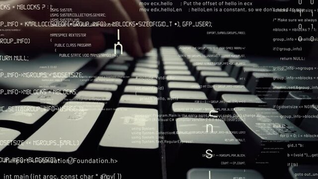 Creative visual of computer programming coding and software development shown by man working on computer keyboard with overlay of computer graphic displaying abstract program codes and computer script