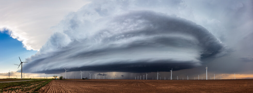 Panoramic view of a supercell thunderstorm