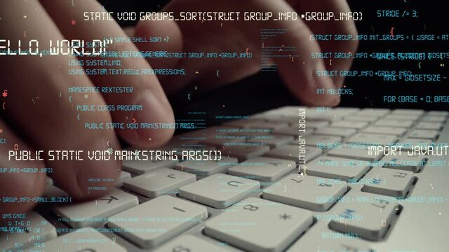 Creative visual of computer programming coding and software development shown by man working on computer keyboard with overlay of computer graphic displaying abstract program codes and computer script