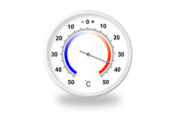 Outdoor thermometer on white background. Ambient temperature plus 38 degrees celsius