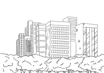シンプルに線で描いた都会のオアシス公園の背景イラスト素材