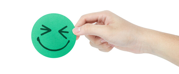 happy smile on green circle paper in hand, satisfaction survey,good rating and positive customer...