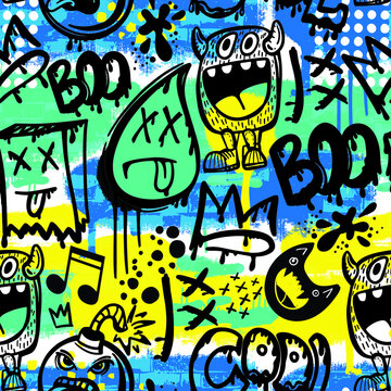 hand drawn pattern with monsters for boys. Slogans, graffiti background. For children's textiles, wrapping paper, prints
