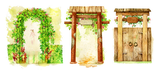 Set of gates isolated on a white background. Park arch. Village gate. Watercolour illustration. Torii gate painted in watercolor. - obrazy, fototapety, plakaty