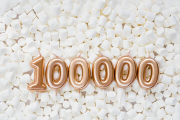 100000 followers card. Template for social networks, blogs. Background with white marshmallows