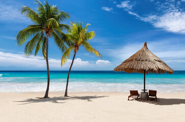 Paradise Sunny beach in Caribbean island. Fashion travel and tropical beach concept.