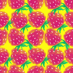 Pink Strawberry on yellow background. Bright colors. Healthy vegan food. Summer vibes. Yummy snack. Grocery. Seamless repeatable pattern. Original illustration. Digital art. Cute drawing. 