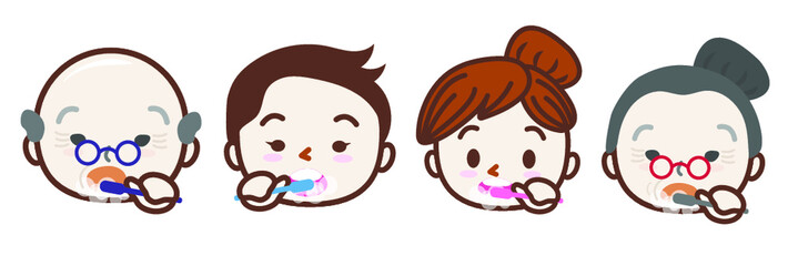 People in family brushing teeth. Cute Japanese Cartoon Style.