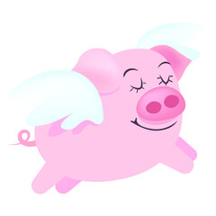 Flying Pink Pig with White Wings. Vector Cute Animal Character.