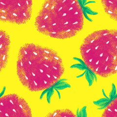 Pink Strawberry on yellow background. Bright colors. Healthy vegan food. Summer vibes. Yummy snack. Grocery. Seamless repeatable pattern. Original illustration. Digital art. Cute drawing. 