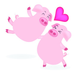 The Cute Illustrator of Two Lovely Pigs Dancing and Kissing Together with Big Valentine Heart.
