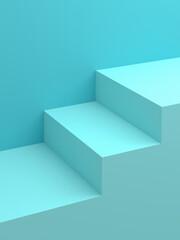 The backdrop for merchandise placement is a staircase pattern in pastel blue. 3D Scene.