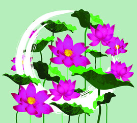 The Vector of Oriental Pink Lotus and Green Leaves with White Circle Paint Brush on Mint Background.