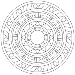Simple contour mandala in with geometric shapes, coloring page in the form of a circle with simple patterns