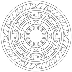 Simple contour mandala in with geometric shapes, coloring page in the form of a circle with simple patterns