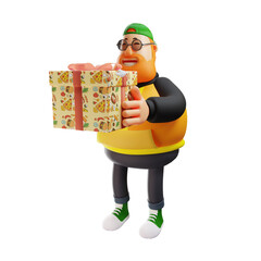 Smiling face 3D Fat Male Cartoon Character having a big gift box