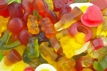 Assortment of many gummy candies as background