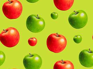 Red and green apple seamless pattern. Hand drawn texture with whole apples on light green background. Artistic natural food wallpaper