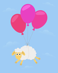 White sheep flying on three pink balloons against a blue sky with clouds 