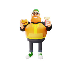 3D Fat Male Cartoon Illustration holding a burger and French fries