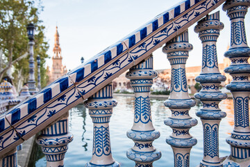 details of typical Andalusian ceramics, on a staircase in Plaza de España in Seville, © OMP.stock