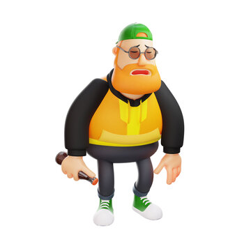 3D Fat Male Cartoon Character feels tired