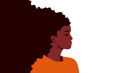 black woman loose long curly hair, beautiful girl on white background, natural hair concept, young african american illustration, profile portrait