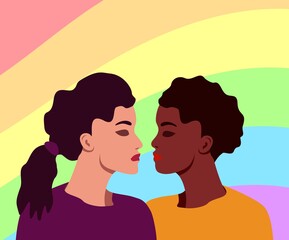 Couple in love. Woman and girl together. Happy lesbian family, gay couple on rainbow background. Two women kiss each other against the background of the lgbt flag, flat cartoon illustration.