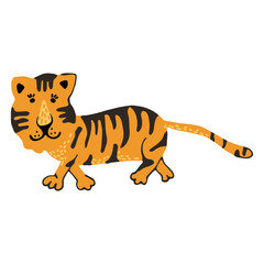Fototapeta na wymiar Cute vector graphic little tiger. Chinese 2022 year symbol. Year of tiger. Cartoon mascot. Smiling adorable character. Orange illustration of wild exotic animal isolated on white background.