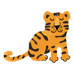 Cute vector graphic little tiger. Chinese 2022 year symbol. Year of tiger. Cartoon mascot. Smiling adorable character. Orange illustration of wild exotic animal isolated on white background.