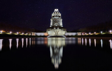 Closeup shot of the Monument to the Battle of the Nations in Leipzig in Germany at night