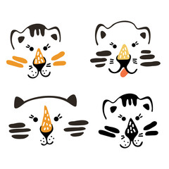 Cute vector graphic little tiger portraits. Chinese 2022 year symbol. Year of tiger. Cartoon mascot. Smiling adorable character. Orange illustration of wild exotic animal isolated on white b