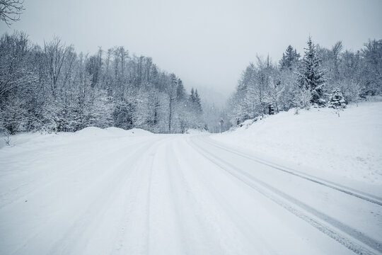 Landscape view of road surrounded with forest covered with fresh snow. Daylight, winter motif in Gorski Kotar, Croatia.