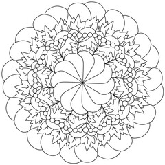 Simple outline mandala with flower, berries and leaves, coloring page with natural motives