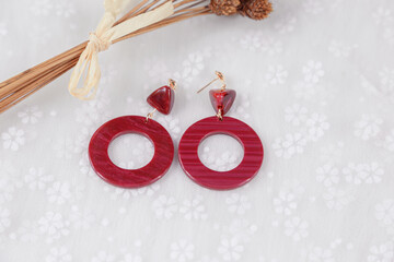 The red earrings are placed on top of lace gauze, and there are specimens of dried flowers next to them. There are decorations on the earrings, which are light-colored lines. The shape of the earrings