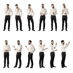 Set of business man thinking, having idea and presenting and showing empty space. Full body isolated on white background. 