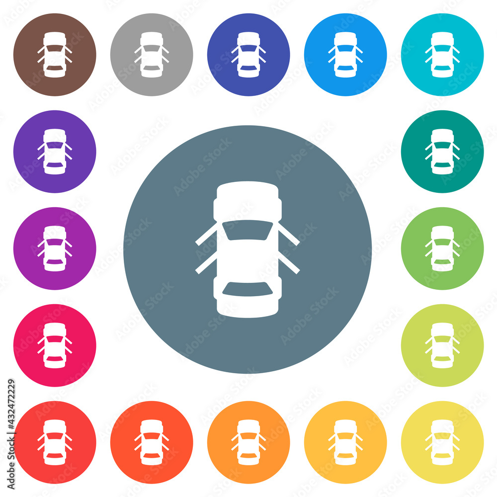 Poster car open doors dashboard indicator flat white icons on round color backgrounds