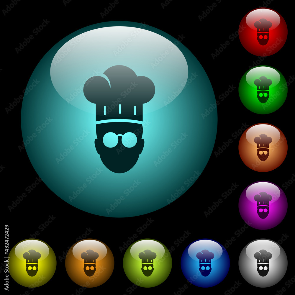 Sticker chef with glasses icons in color illuminated glass buttons