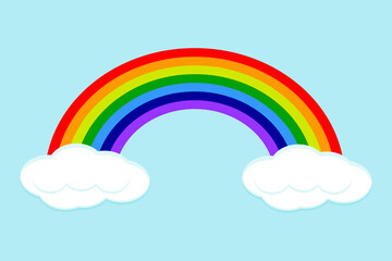 Rainbow with clouds, multicolored, vector illustration isolated on a blue background,