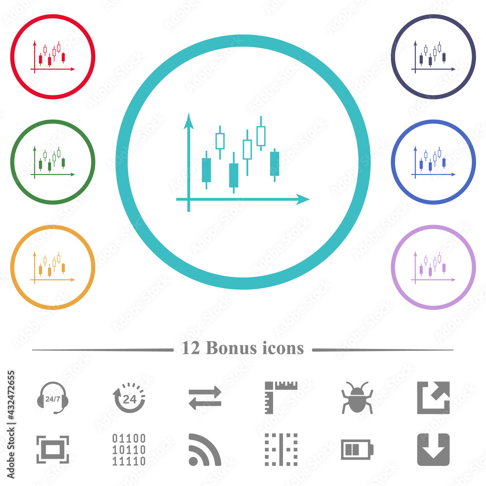 Poster candlestick graph with axes flat color icons in circle shape outlines