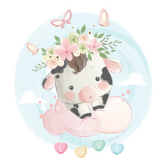 Cute Baby Calf Girl on A Cloud